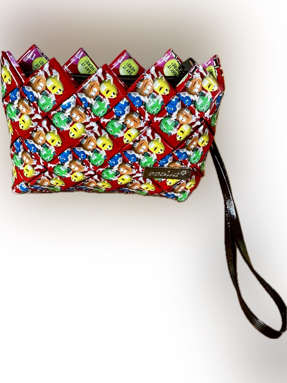 Red Multicolor Candy-Print Wristlet Clutch with Black Strap